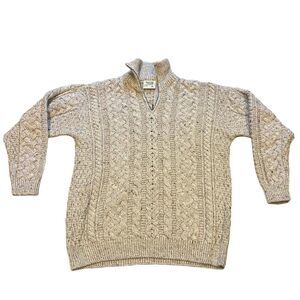 Carraig Donn Irish Aran Cable Knit Quarterzip Pure Wool Size L Fisherman Speckle